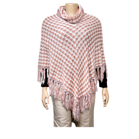 Karma Woman's Poncho Turtleneck loose Knit Fringe hem Ivory Pink blue size OS - Picture 6 of 14
